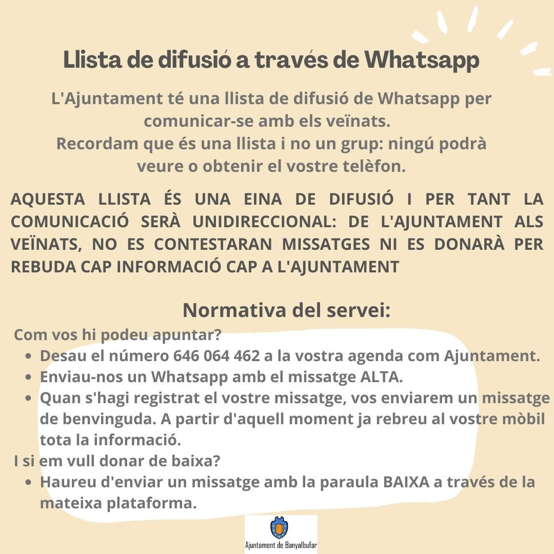 Llista de difusió Whatsapp Ajuntamant de banyalbufar