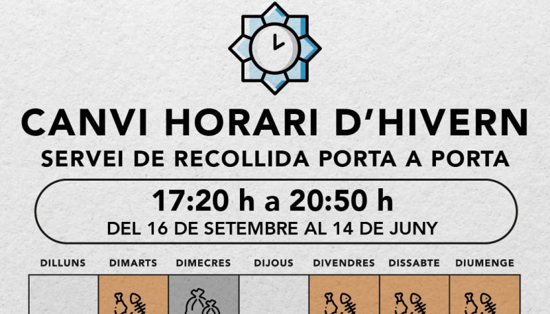 CANVIA L'HORARI DE SERVEI DE RECOLLIDA A NEGOCIS I AQUELLES CASES QUE TENEN EL PORTA A PORTA! 